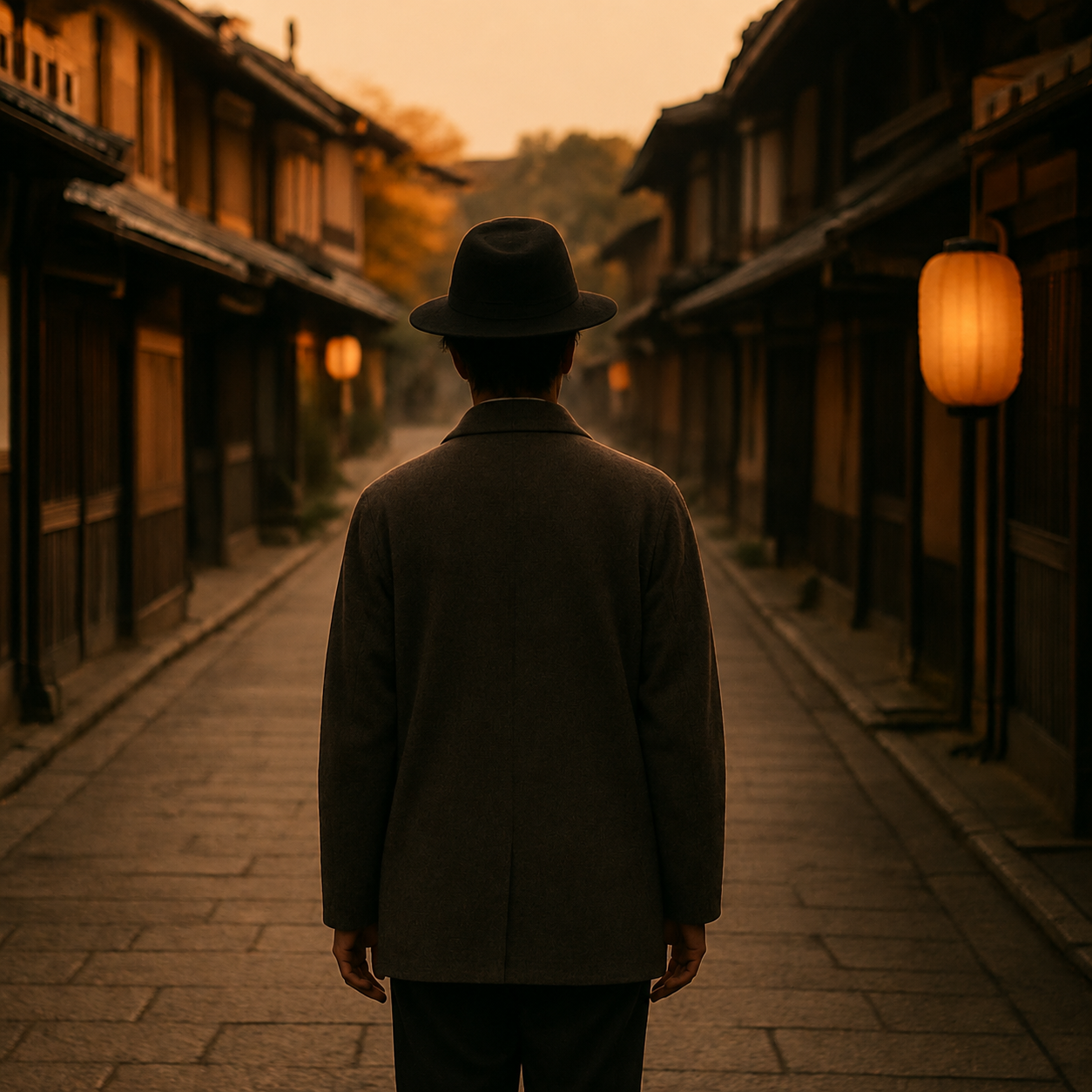 夕暮れの関西の路地を歩く書き手の後ろ姿
